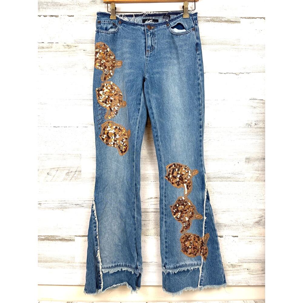Moda International Womens 2 Gold Sequin Flare Jeans Y2K Boho Festival